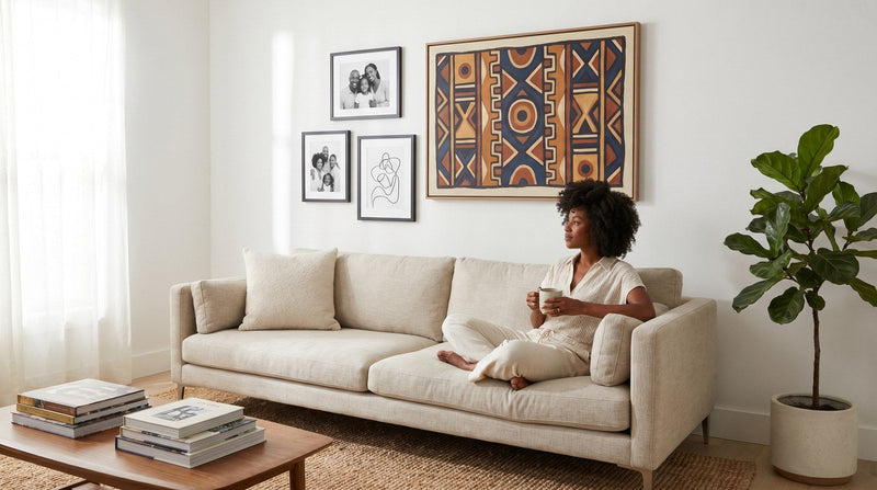 Editorial living room for How to Choose Wall Art for Small Spaces with warm natural light and sophisticated contemporary styling.