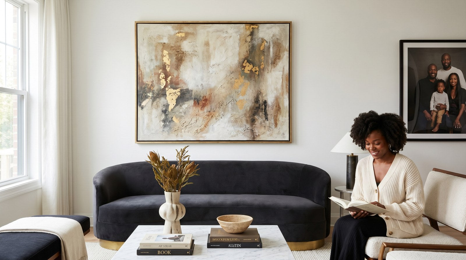 Editorial living room for How to Choose Wall Art That Looks Expensive with warm natural light and sophisticated contemporary styling.