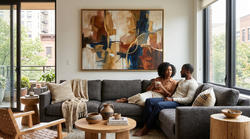 Editorial living room for How to Choose Wall Art That Matches Your Couch with warm natural light and sophisticated contemporary styling.