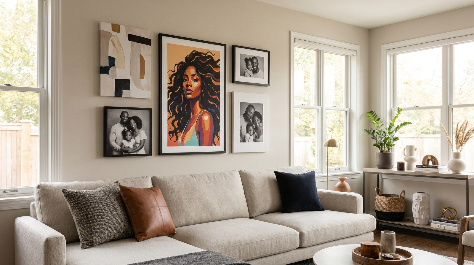 Editorial living room for How to Decorate a Rental Without Damaging Walls with warm natural light and sophisticated contemporary styling.