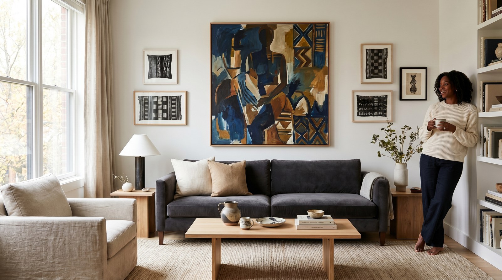 Editorial living room for How to Decorate With Cultural Art Without Overdoing It with warm natural light and sophisticated contemporary.