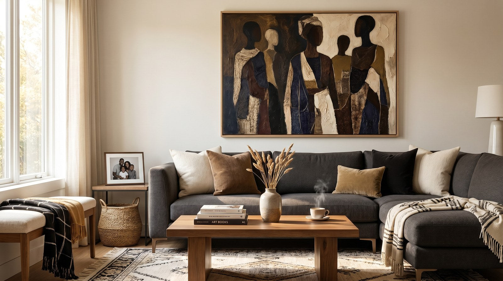 Editorial living room for How to Make a New House Feel Like Home with warm natural light and sophisticated contemporary styling.