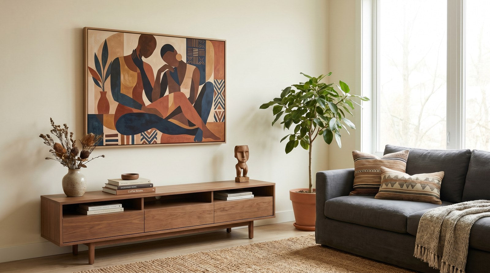 Editorial living room for How to Make a Plain Apartment Feel Personal with warm natural light and sophisticated contemporary styling.