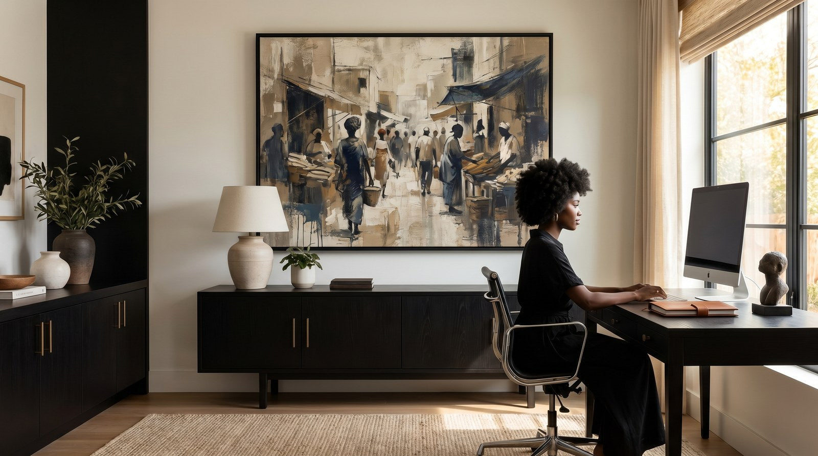 Editorial living room for How to Pick Art for a Home Office with warm natural light and sophisticated contemporary styling.