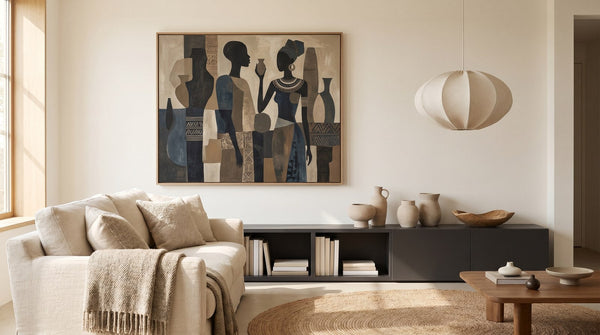 Editorial living room for How to Style Black Art in a Modern Living Room with warm natural light and sophisticated contemporary styling.