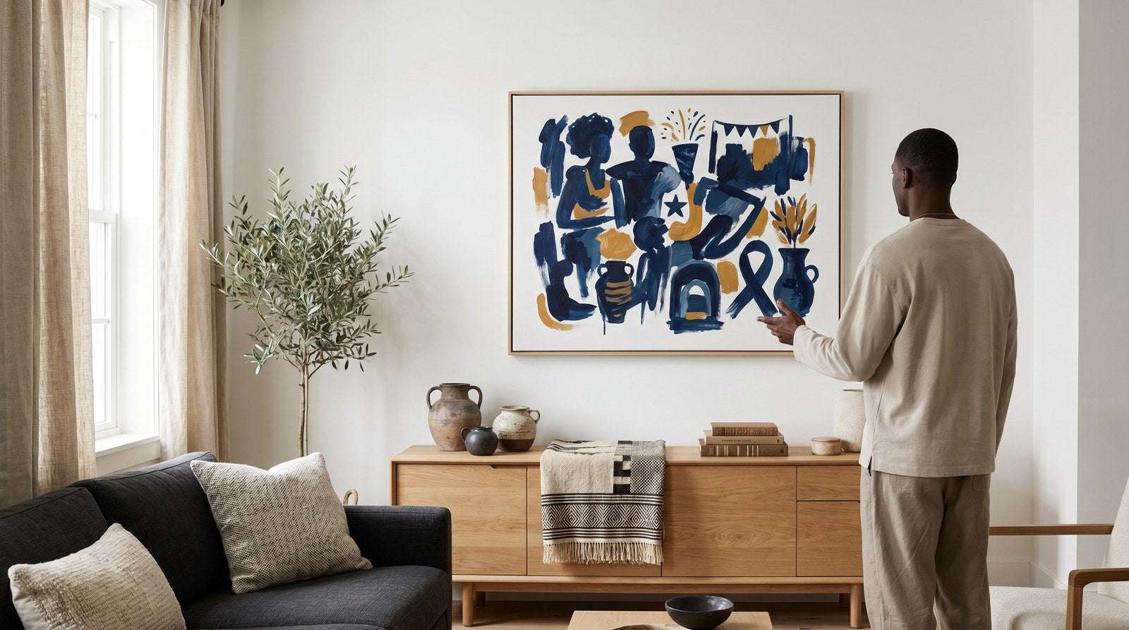 Editorial living room for Juneteenth Decor and Gift Ideas with warm natural light and sophisticated contemporary styling.