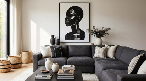 Editorial living room for Large Black Wall Art for Above the Couch with warm natural light and sophisticated contemporary styling.