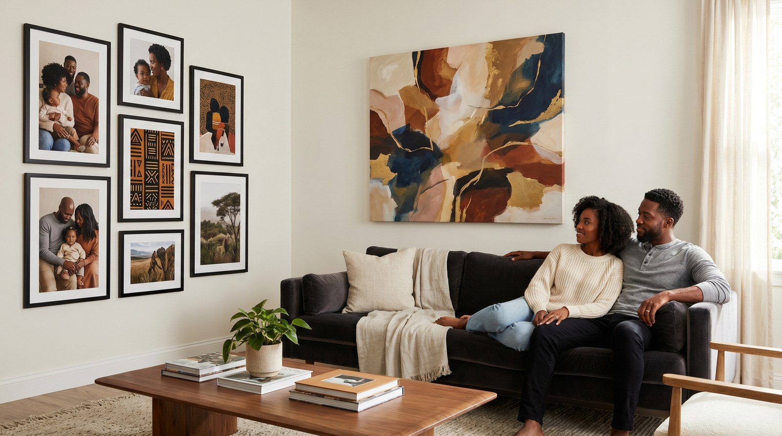 Editorial living room for Large Wall Art vs Gallery Wall with warm natural light and sophisticated contemporary styling.