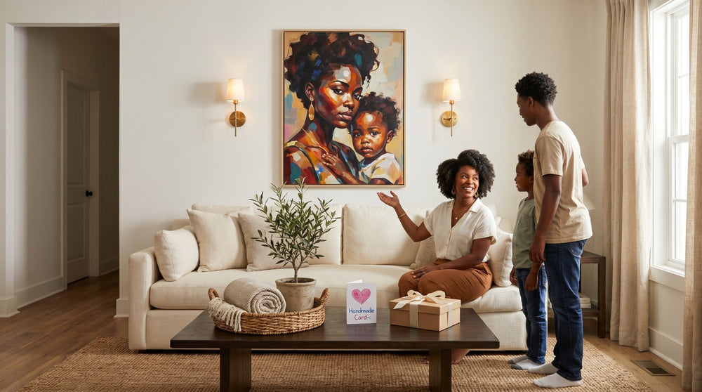Editorial living room for Mother's Day Wall Art Gifts for Black Moms with warm natural light and sophisticated contemporary styling.