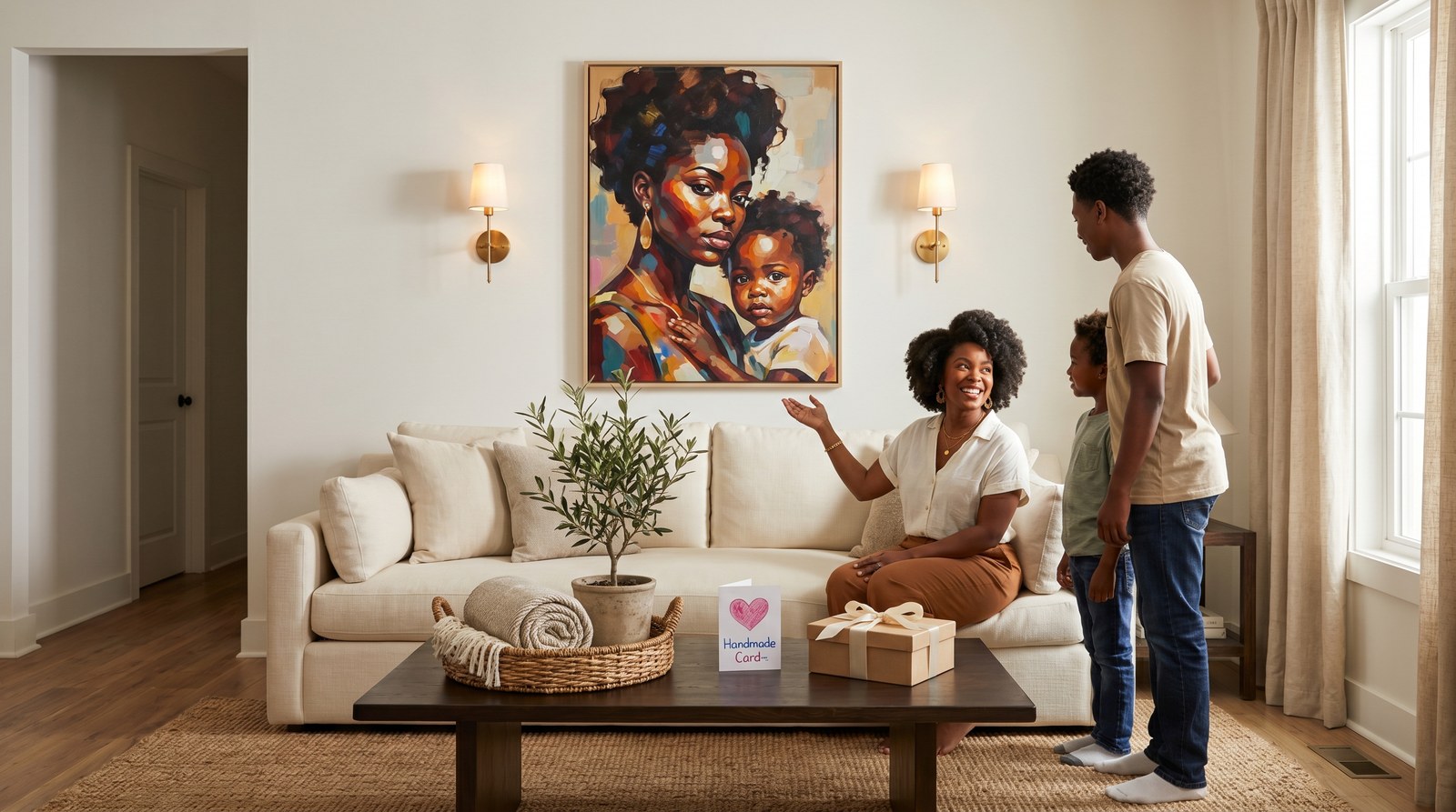 Editorial living room for Mother's Day Wall Art Gifts for Black Moms with warm natural light and sophisticated contemporary styling.