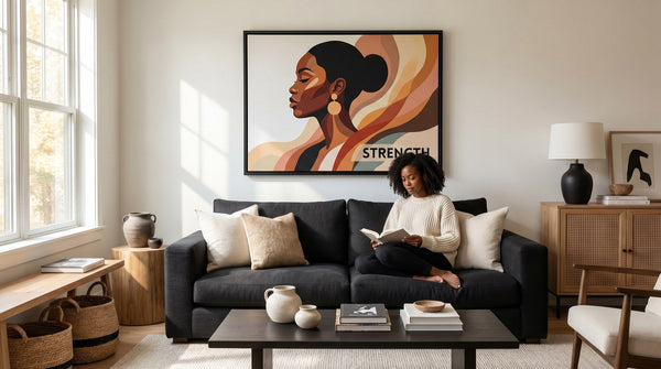 Editorial living room for Motivational African American Wall Art with warm natural light and sophisticated contemporary styling.