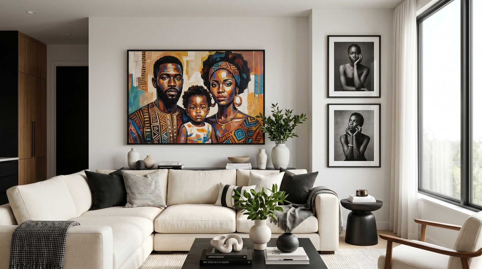 Editorial living room for Vertical vs Horizontal Wall Art with warm natural light and sophisticated contemporary styling.