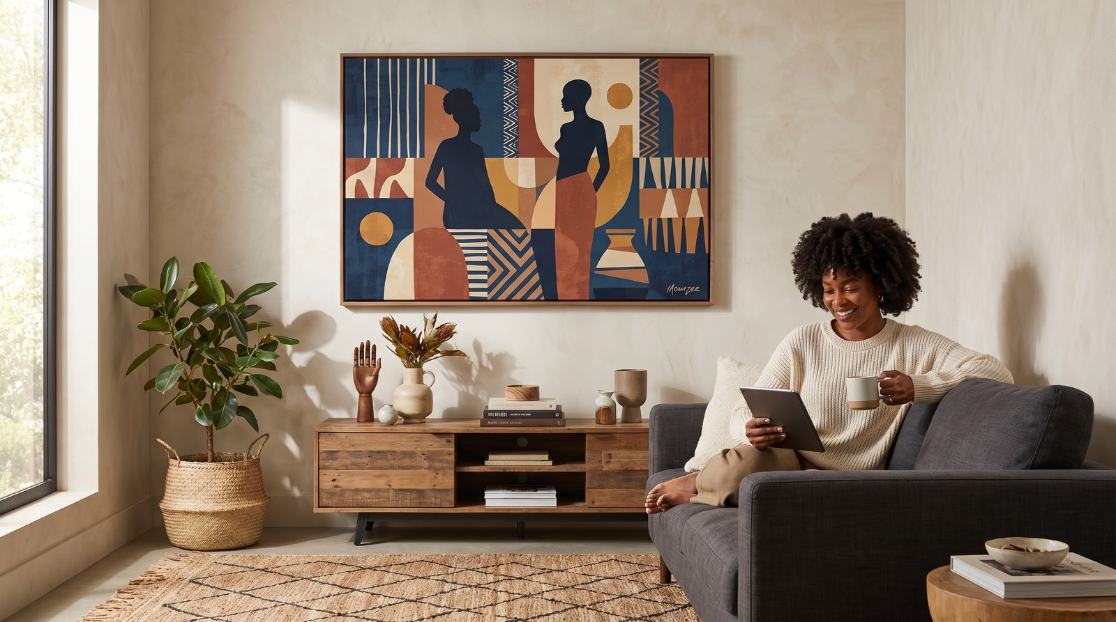 Editorial living room for Wall Art Ideas for Black Homes with warm natural light and sophisticated contemporary styling.