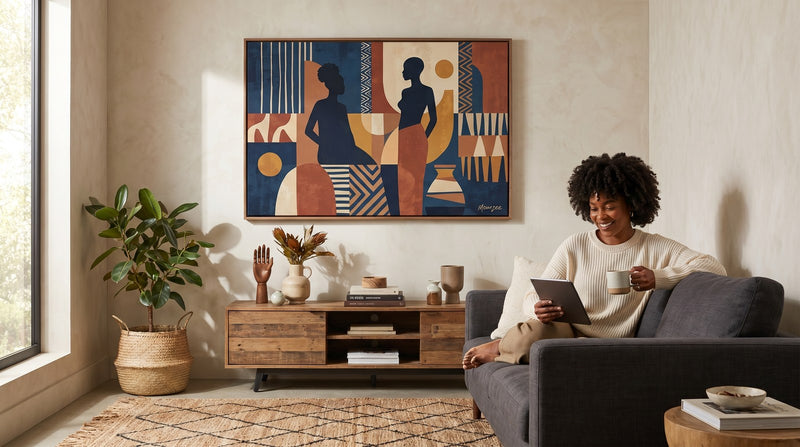 Editorial living room for Wall Art Ideas for Black Homes with warm natural light and sophisticated contemporary styling.