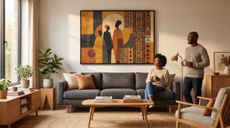 Editorial living room for What Size Wall Art Goes Above a Couch? with warm natural light and sophisticated contemporary styling.