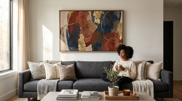Editorial living room for What Size Wall Art Should Go Above a Couch? with warm natural light and sophisticated contemporary styling.