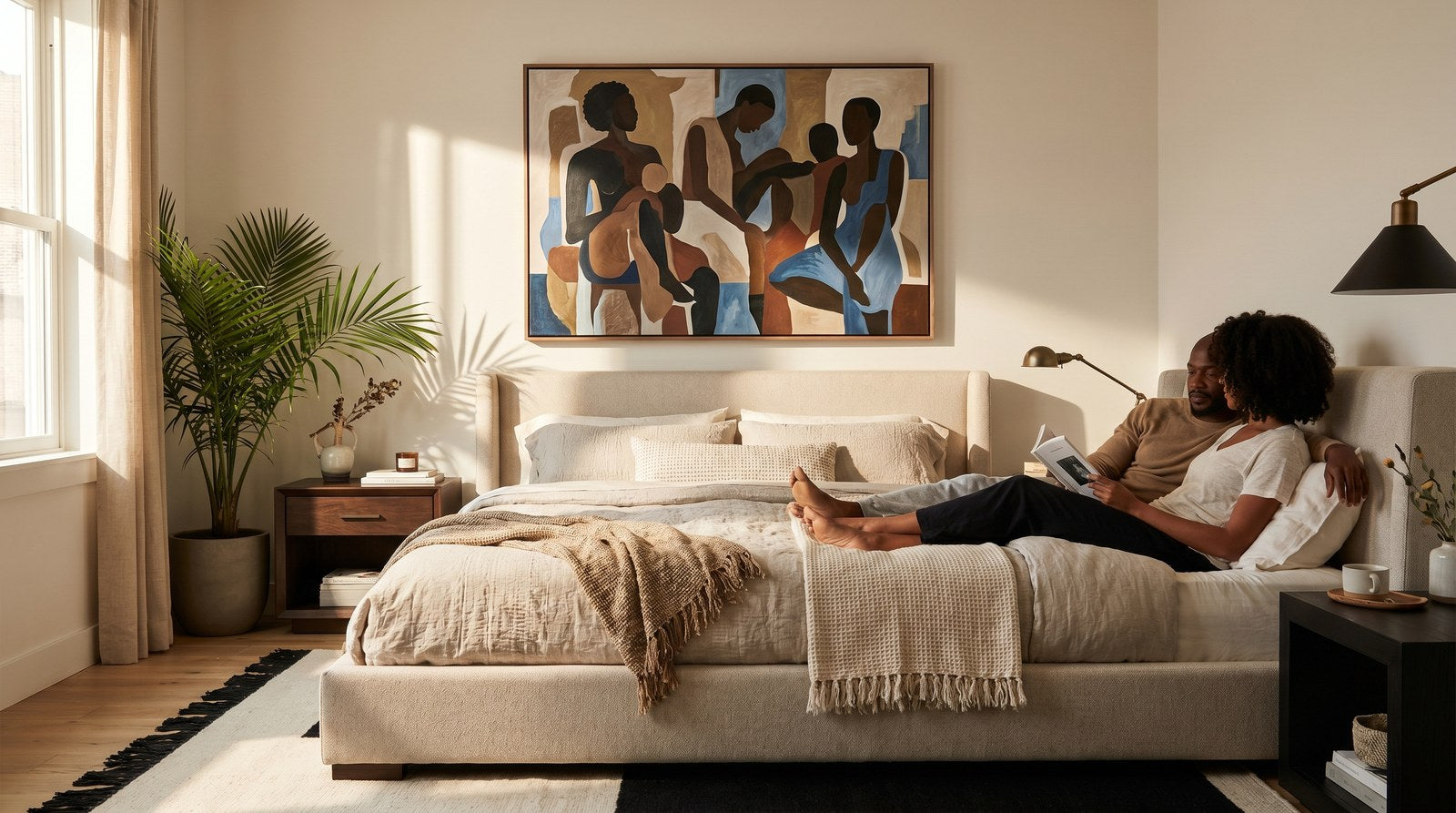 Editorial living room for What Size Wall Art Should Go Above a King Bed? with warm natural light and sophisticated contemporary styling.