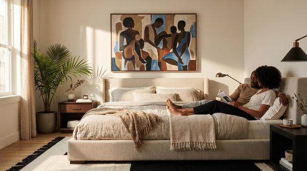 Editorial living room for What Size Wall Art Should Go Above a King Bed? with warm natural light and sophisticated contemporary styling.