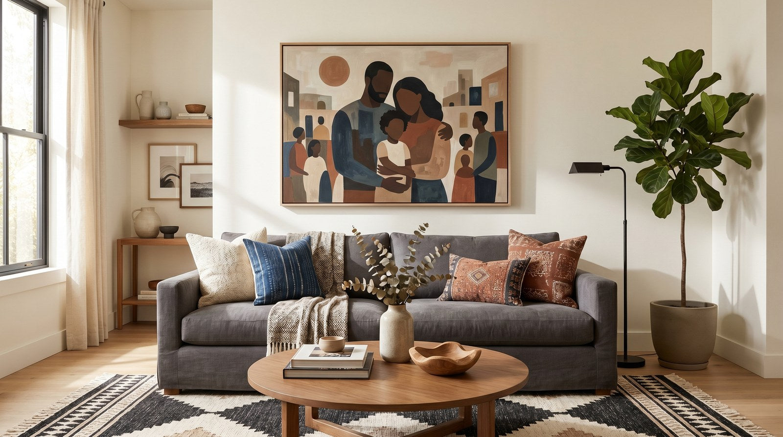 Editorial living room for What to Hang Above a Couch with warm natural light and sophisticated contemporary styling.