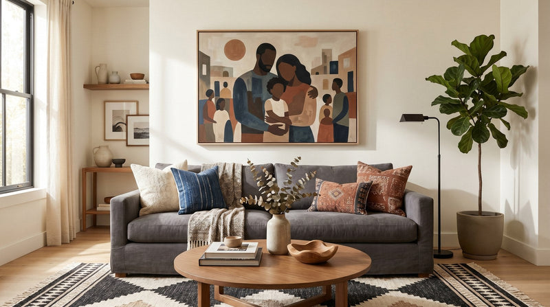 Editorial living room for What to Hang Above a Couch with warm natural light and sophisticated contemporary styling.