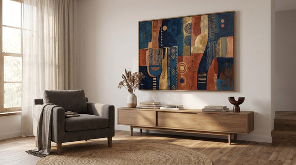 Editorial living room for What to Put on a Blank Living Room Wall with warm natural light and sophisticated contemporary styling.