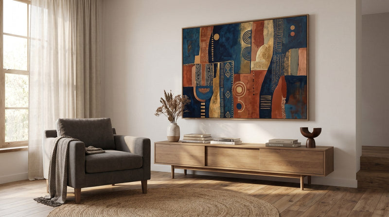 Editorial living room for What to Put on a Blank Living Room Wall with warm natural light and sophisticated contemporary styling.