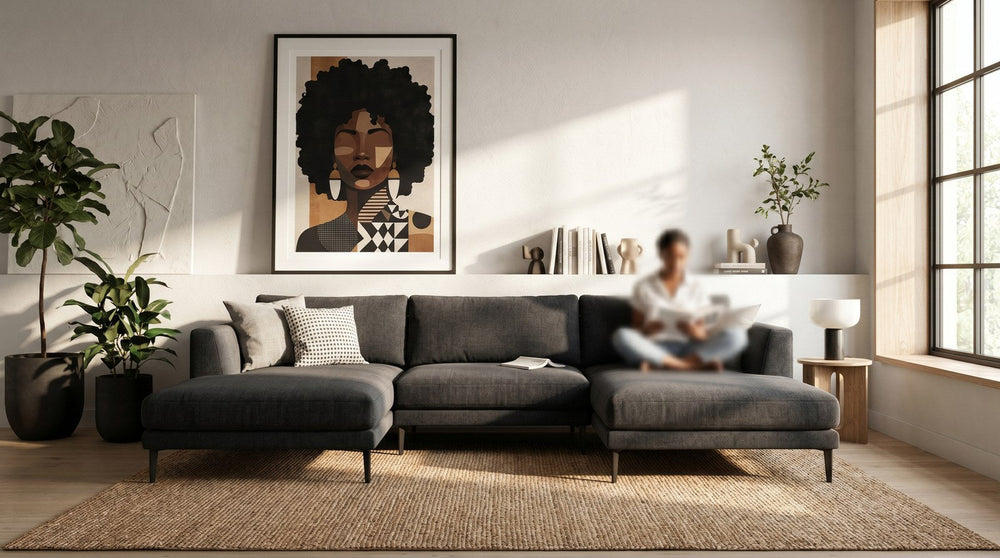 Editorial living room for Where to Buy African American Art Prints Online with warm natural light and sophisticated contemporary styling.