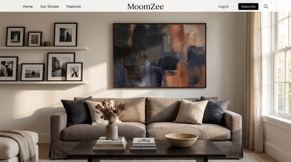 Editorial living room for Where to Buy Black Wall Art Online with warm natural light and sophisticated contemporary styling.