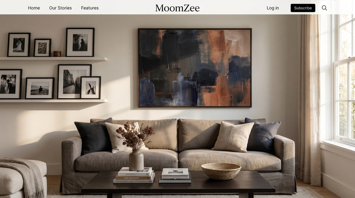 Editorial living room for Where to Buy Black Wall Art Online with warm natural light and sophisticated contemporary styling.
