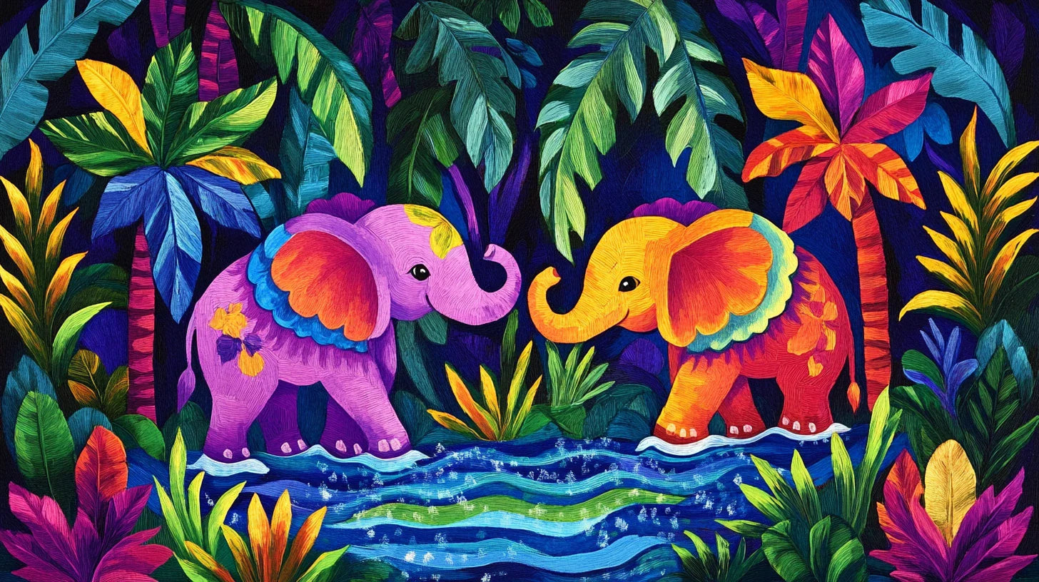 African American animal wall art with colorful elephants