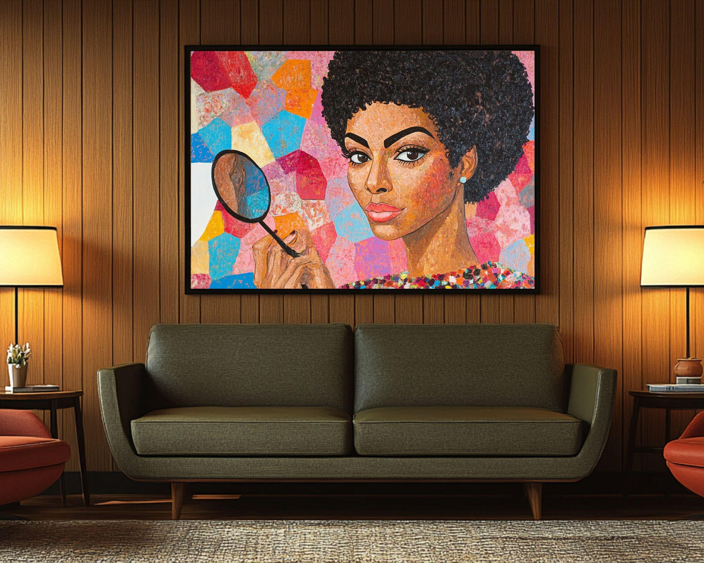 Afrocentric Empowerment Canvas Art – Abstract Black Woman with Magnifying Glass for Bold Living Room Decor - MoomZee Artwork -