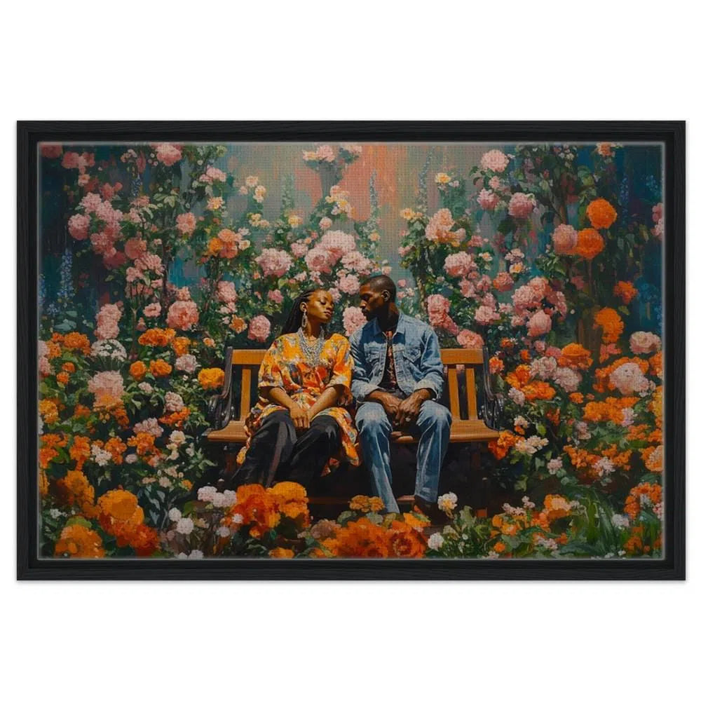 Black Couple Floral Garden Canvas Print - African American Love Art for Home Decor - Ideal Bedroom, Living Room, or Office Wall Art - MoomZee Artwork -