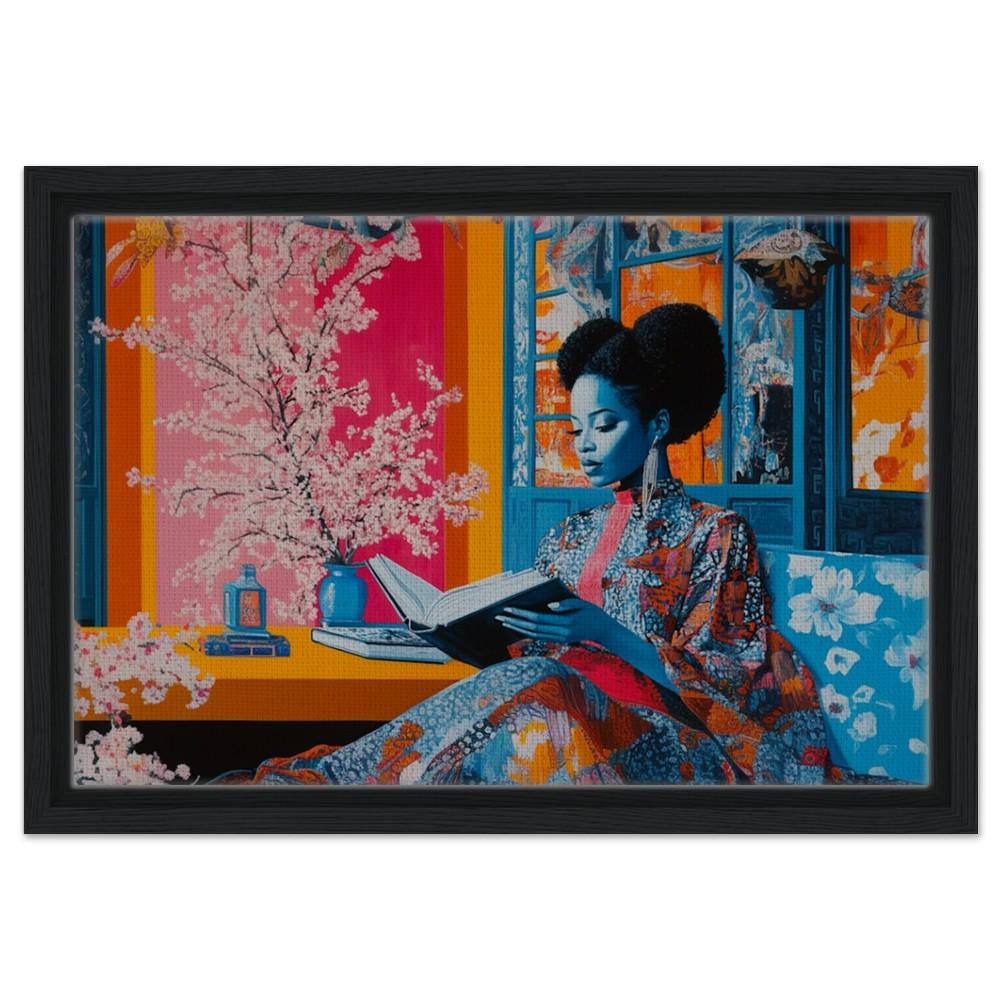 Black Woman Reading Framed Canvas Print - Cultural Living Room & Library Decor - MoomZee Artwork -