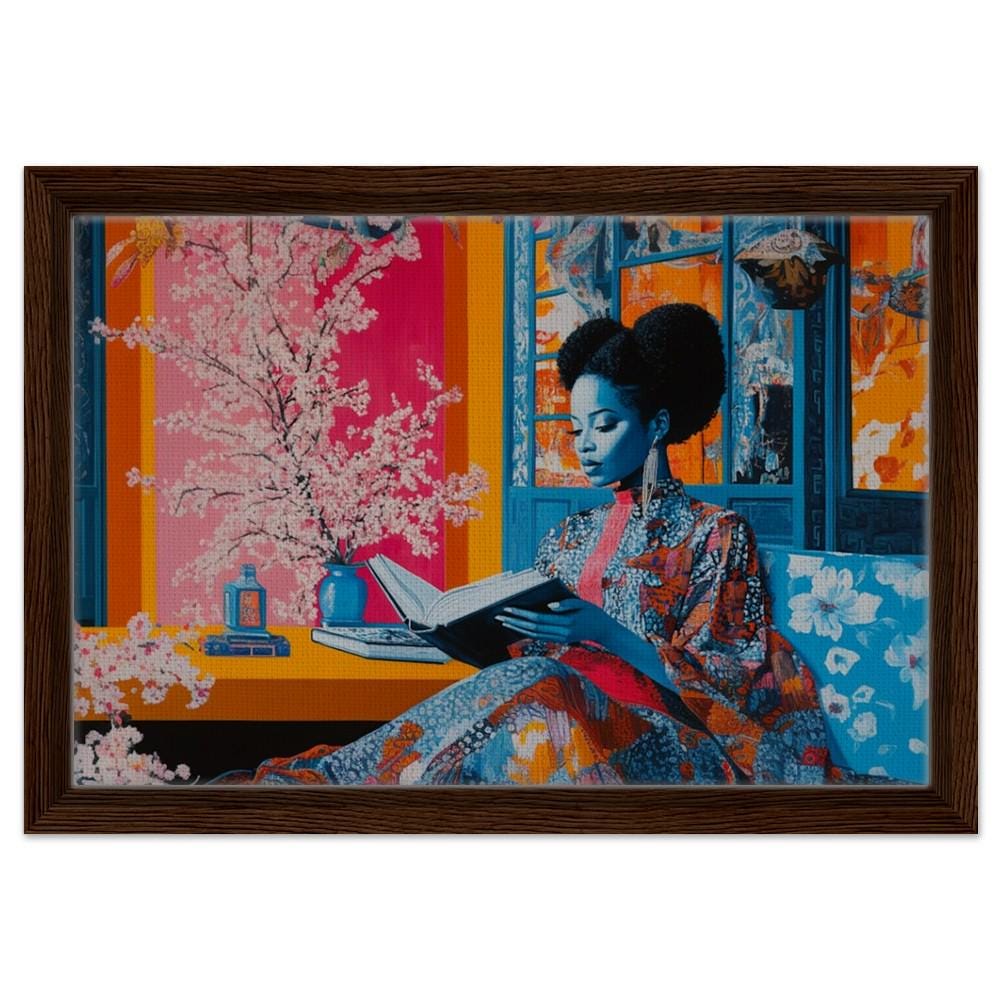 Black Woman Reading Framed Canvas Print - Cultural Living Room & Library Decor - MoomZee Artwork -