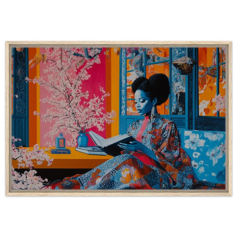 Black Woman Reading Framed Canvas Print - Cultural Living Room & Library Decor - MoomZee Artwork -