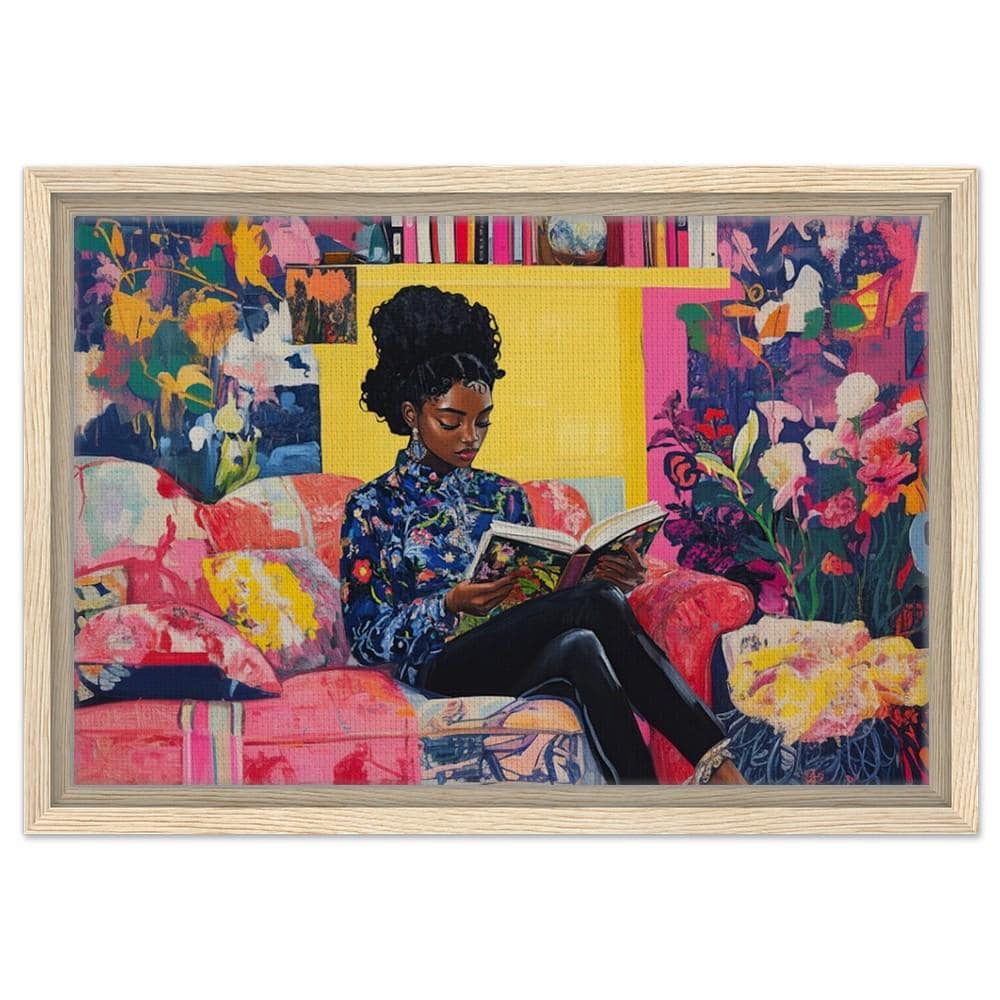 Framed Canvas Art - Black Woman Reading - Vibrant Interior Decor for Living Room & Library - MoomZee Artwork -