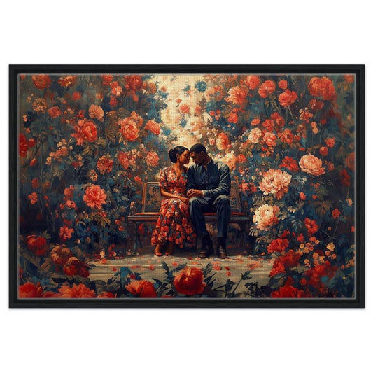 Framed Canvas Art - Romantic Black Couple with Vibrant Floral Setting | Perfect for Living Room or Bedroom Decor - MoomZee Artwork -