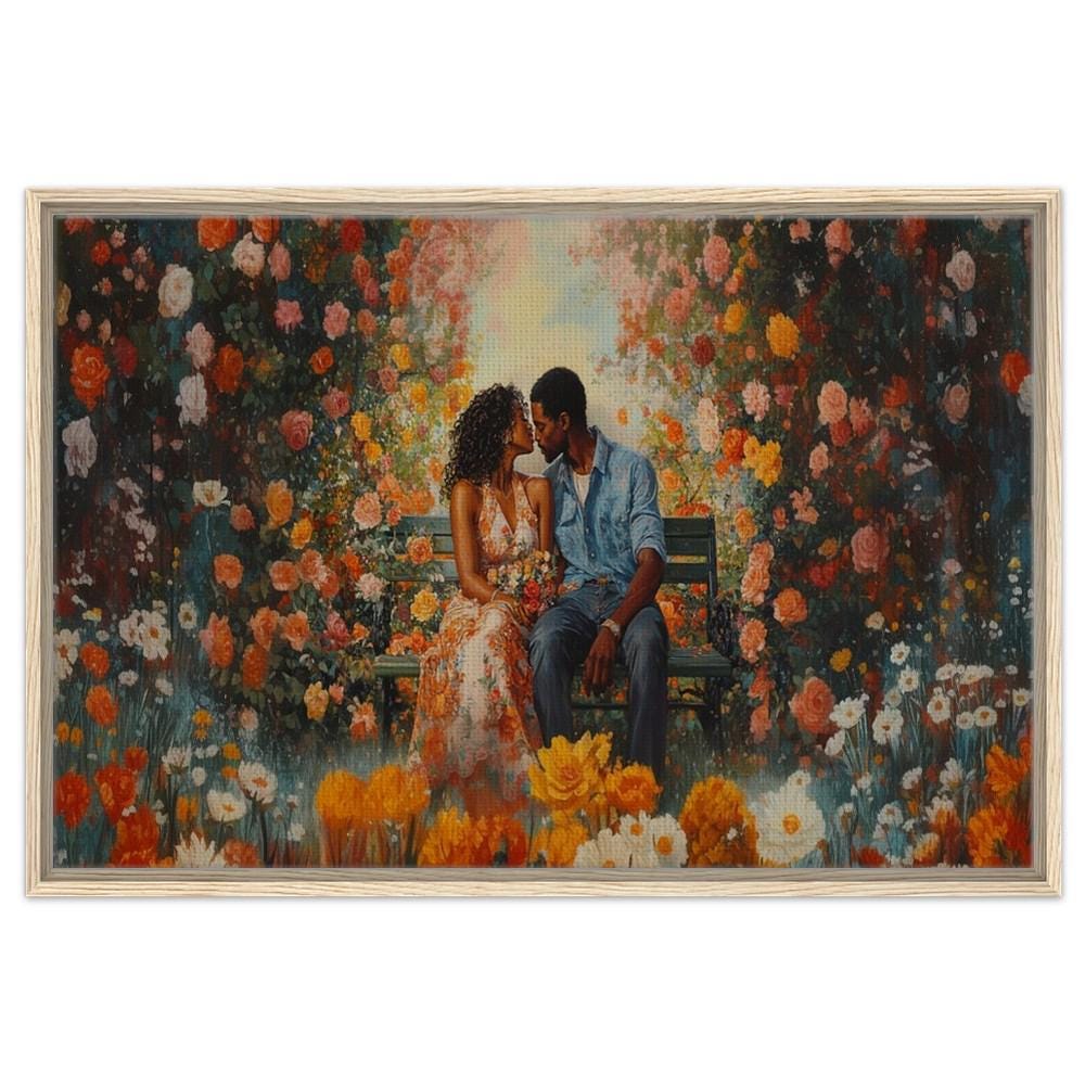 Framed Canvas Print - Black Couple Garden Romance Art, Bedroom & Living Room Decor - MoomZee Artwork -