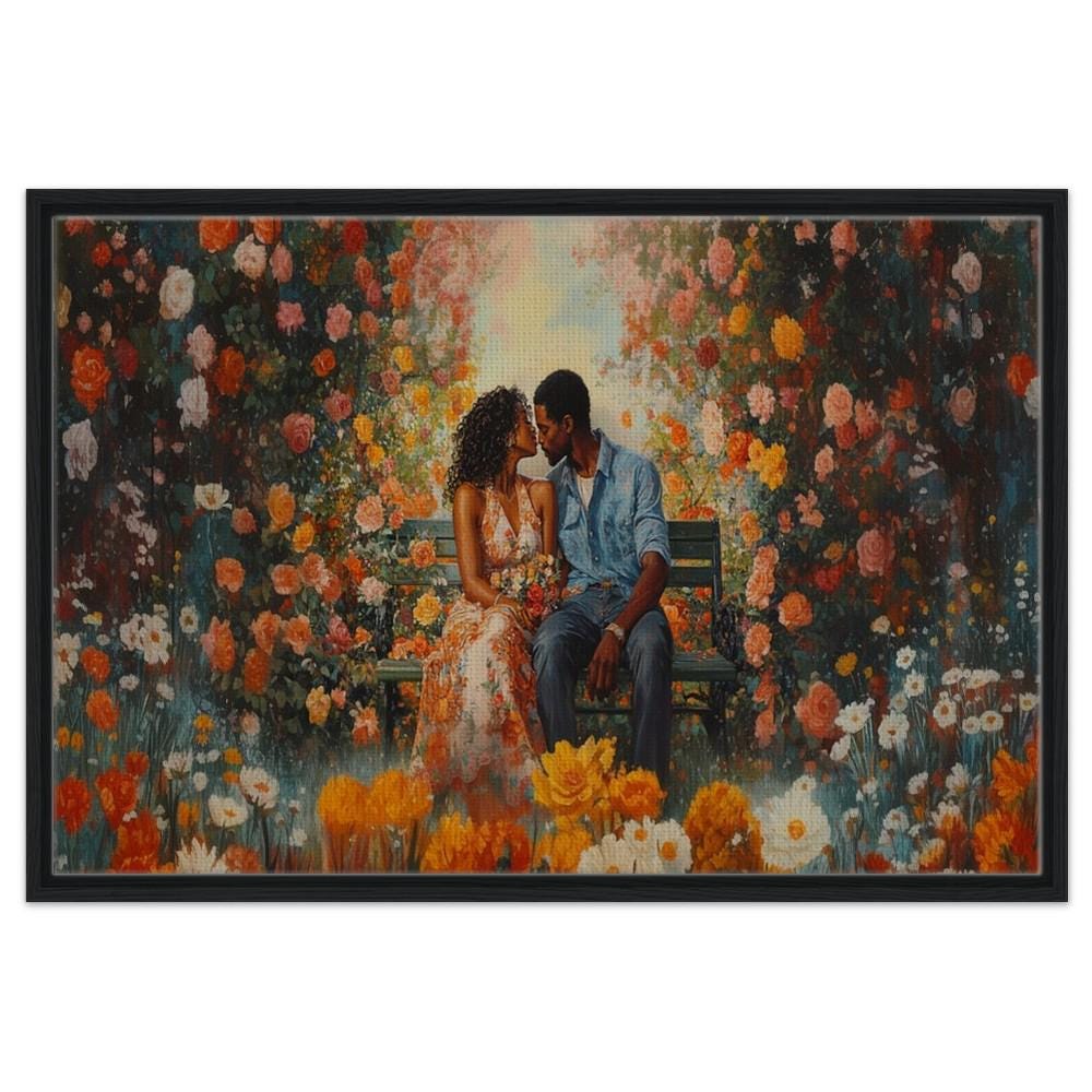 Framed Canvas Print - Black Couple Garden Romance Art, Bedroom & Living Room Decor - MoomZee Artwork -