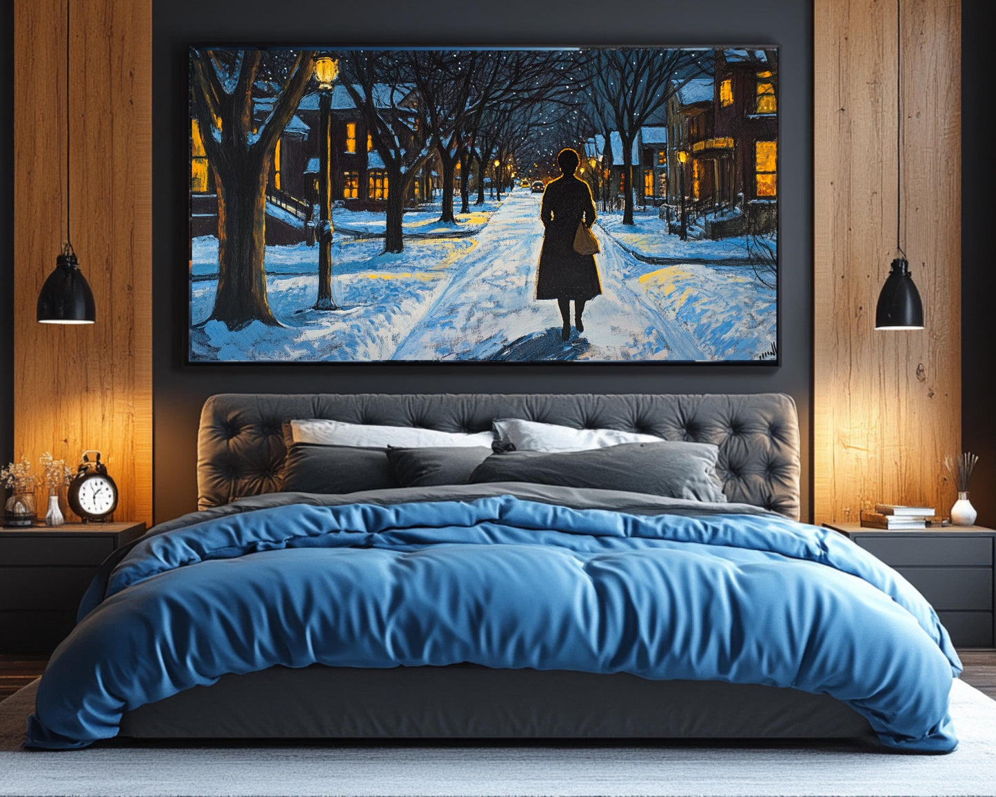 Snowy Night Urban Canvas Print - Black Woman Nighttime Walk Art for Living Room or Home Office Decor - MoomZee Artwork -