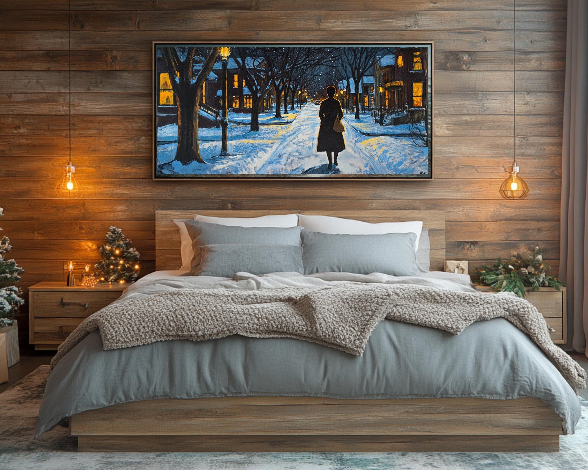 Snowy Night Urban Canvas Print - Black Woman Nighttime Walk Art for Living Room or Home Office Decor - MoomZee Artwork -