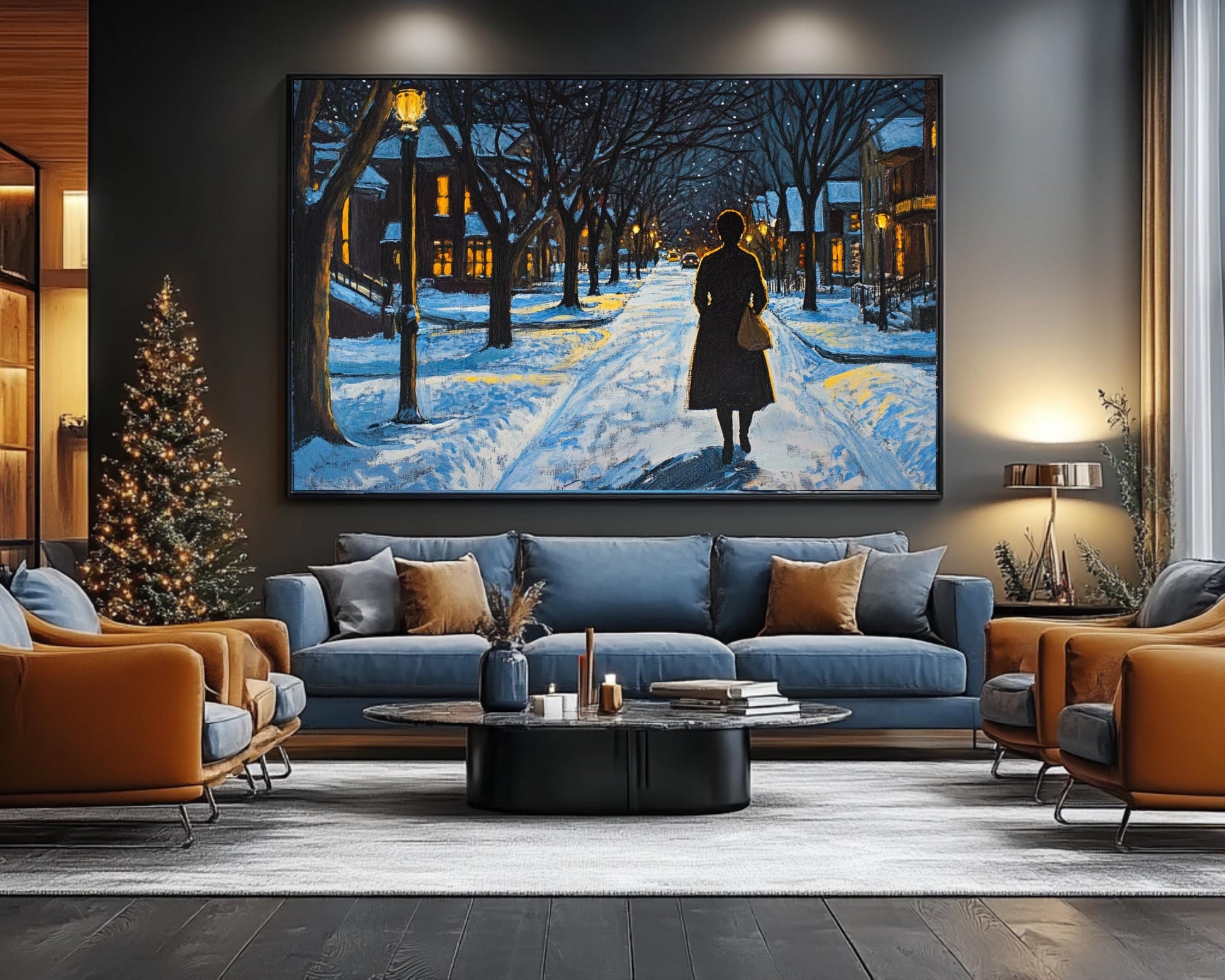 Snowy Night Urban Canvas Print - Black Woman Nighttime Walk Art for Living Room or Home Office Decor - MoomZee Artwork -