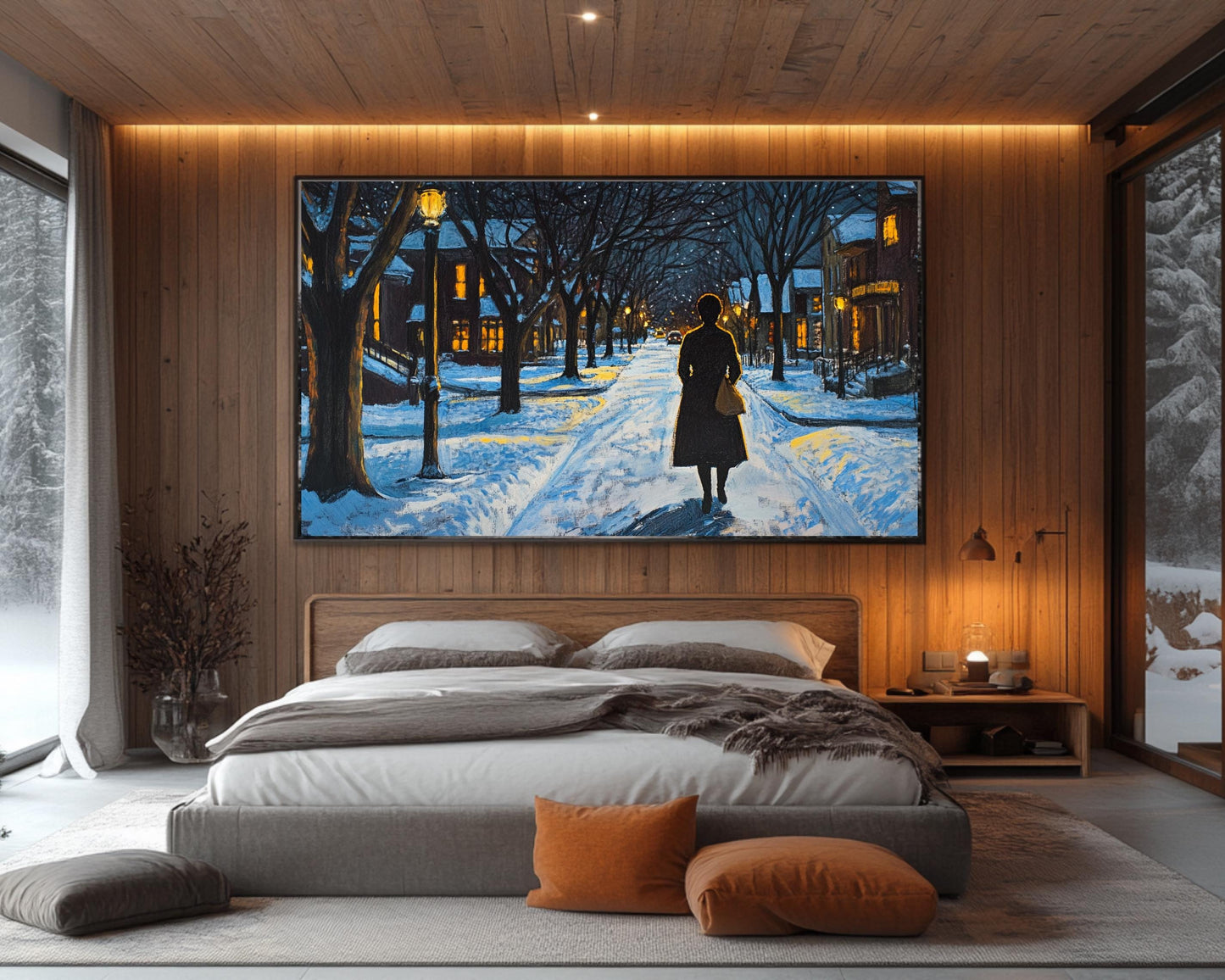 Snowy Night Urban Canvas Print - Black Woman Nighttime Walk Art for Living Room or Home Office Decor - MoomZee Artwork -