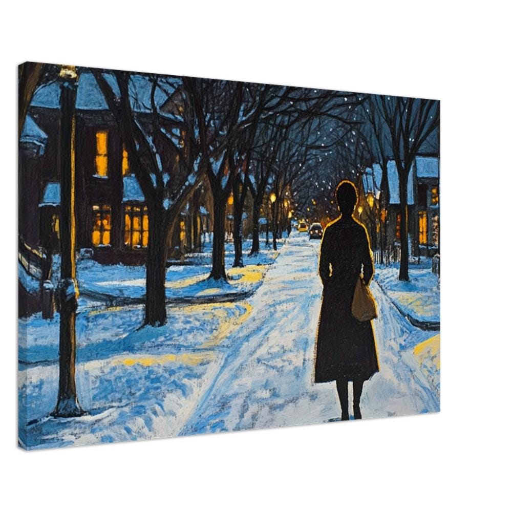 Snowy Night Urban Canvas Print - Black Woman Nighttime Walk Art for Living Room or Home Office Decor - MoomZee Artwork -