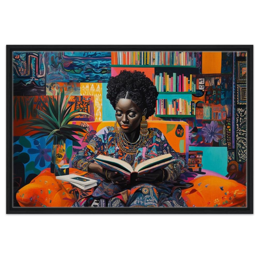 Vibrant Black Woman Reading Canvas Print – Cultural Art for Living Room & Reading Nook Decor - MoomZee Artwork -