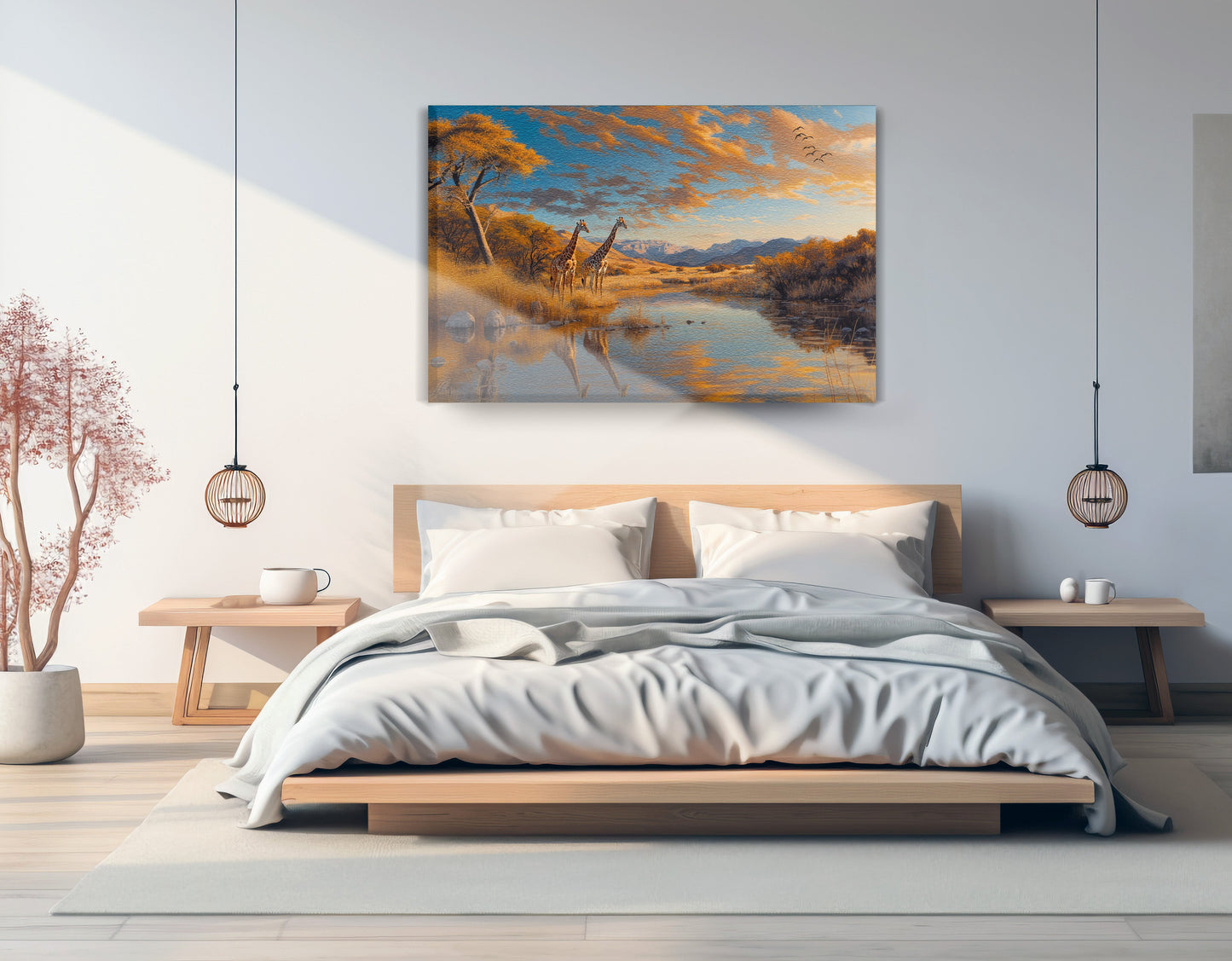 Golden Giraffe River Safari African American canvas print displayed as bedroom wall decor