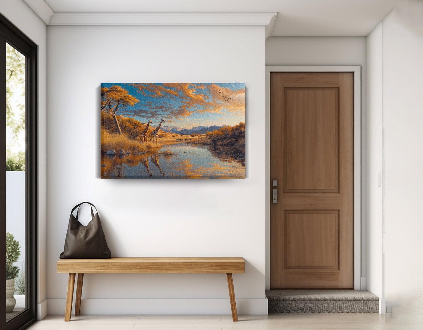 Golden Giraffe Safari Landscape African American canvas print displayed as entryway wall decor