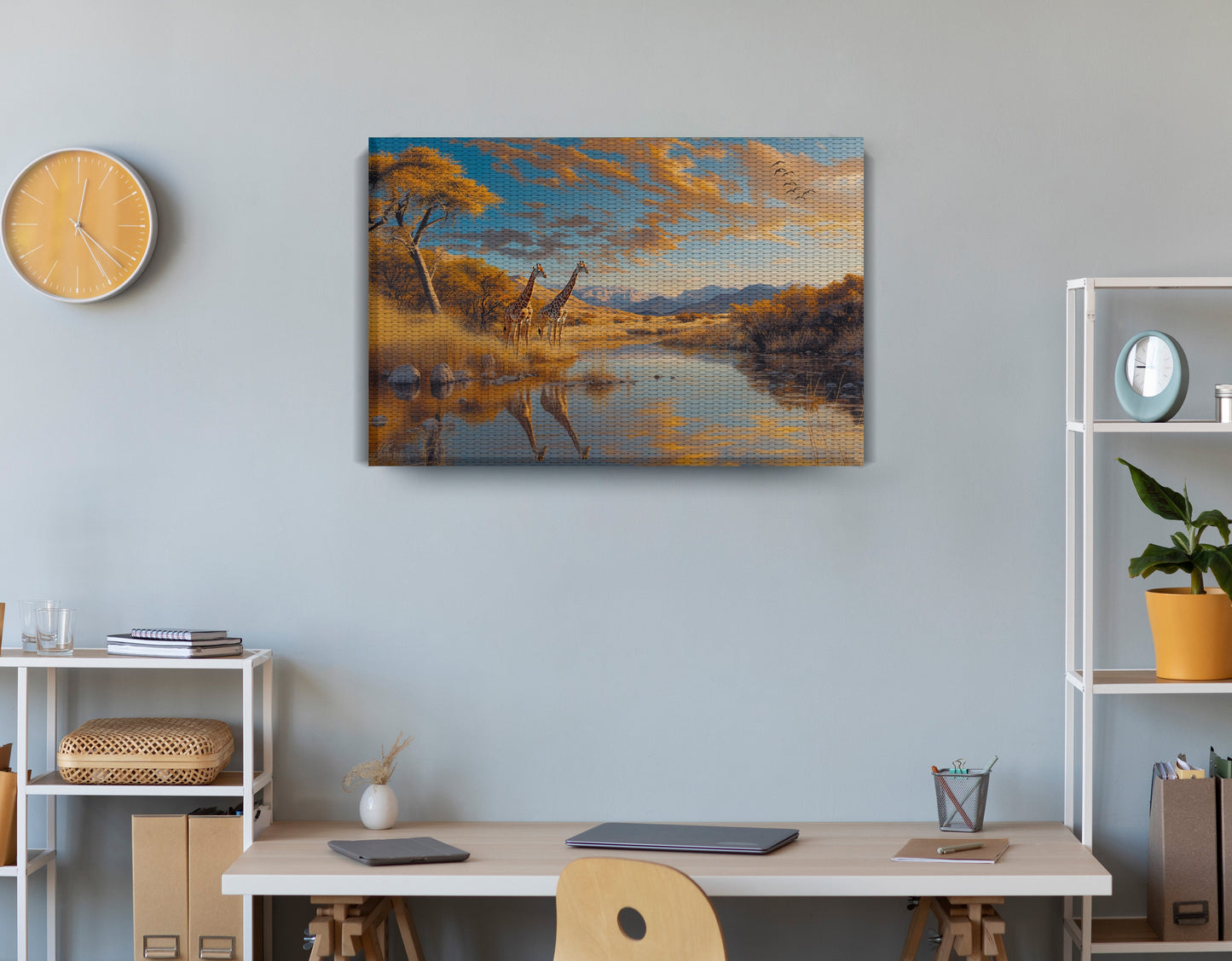 Golden Giraffe River Safari African American canvas print displayed as office wall decor