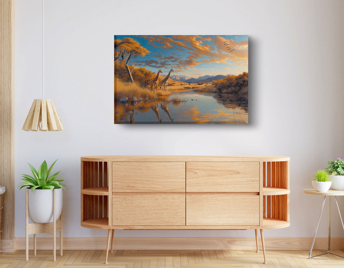 Golden Giraffe Safari Landscape African American canvas print displayed as living room wall decor