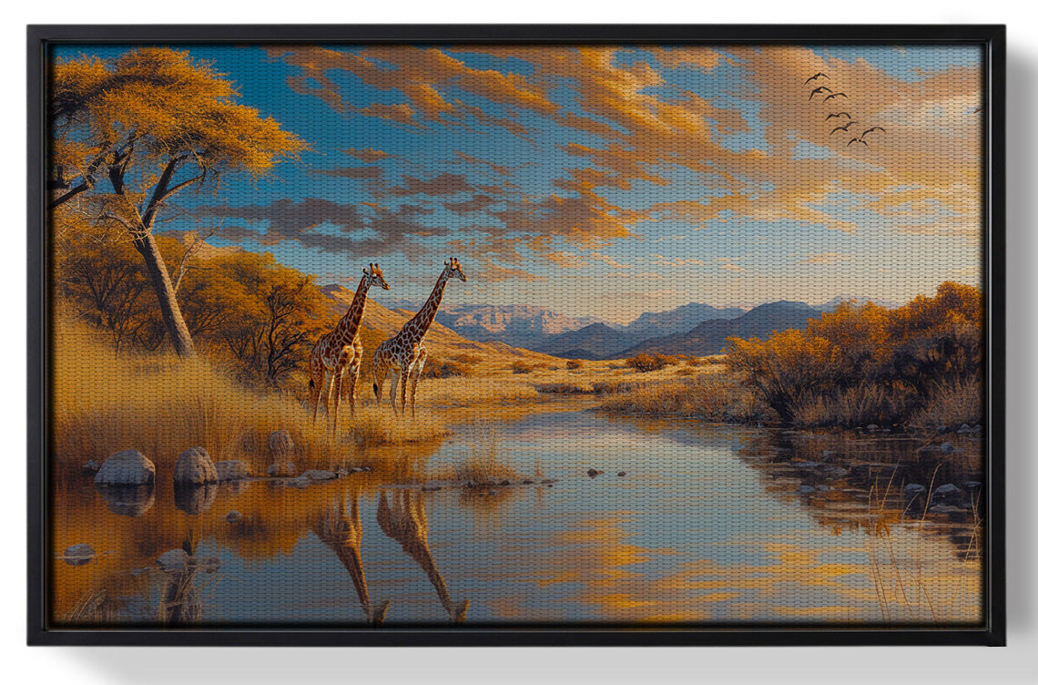 Framed Golden Giraffe River Safari African American canvas print for home decor